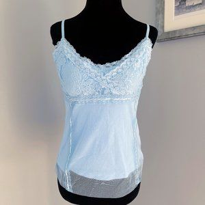 Y2K Suzy Shier pale blue crossover lace mesh tank top size M